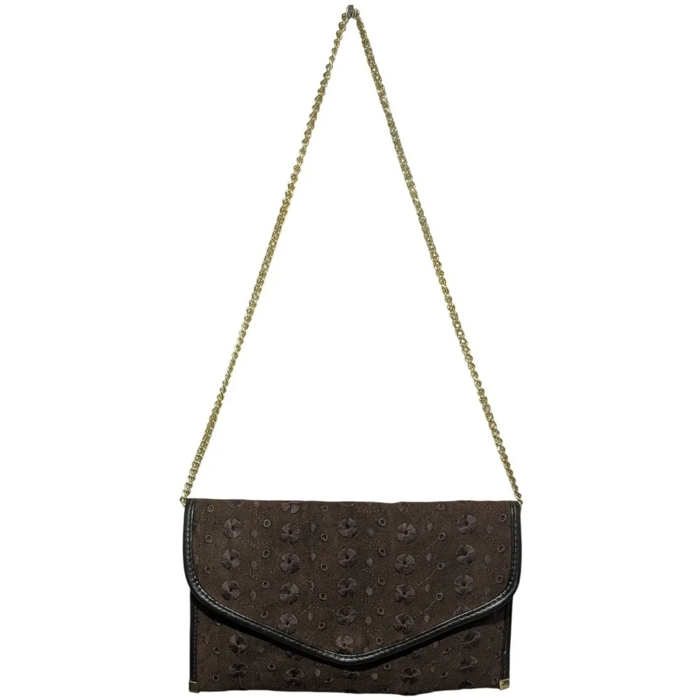 Vintage Envelope Clutch Medium Brown Floral Eyelet Gold Chain Strap Earthy Tones